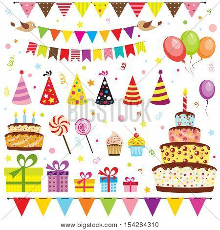Set of birthday party elements isolated on white