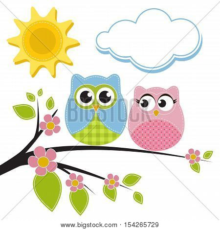Two owls on the branch isolated on white