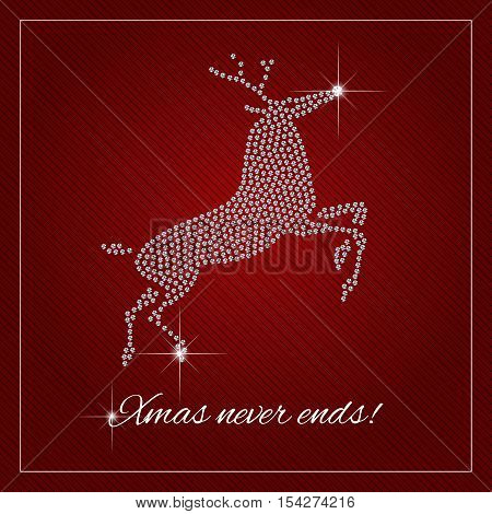 Christmas greeting card poster. Shimmering diamond luxury Reindeer. Christmas brilliant stones template. Fashion ornament crystal precious silver applique rhinestones embroidery. Vector.