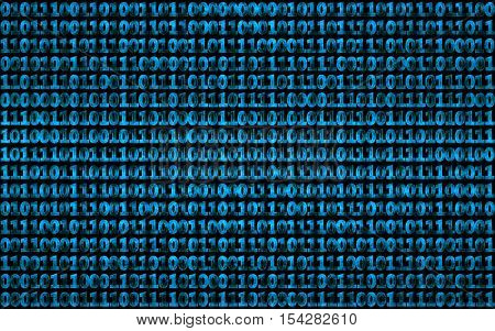 Blue 3d render image with binary code for background