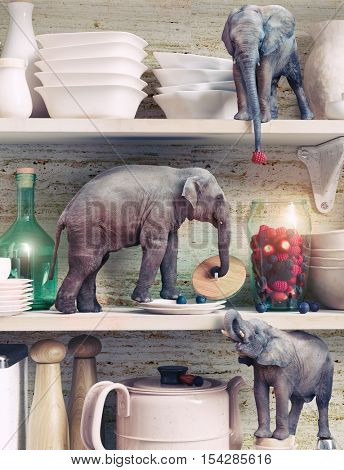 The tiny elephants opens the glass vase with berries. Photo combination concept