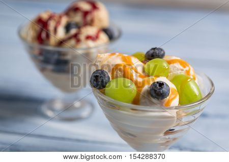 Bowls With Ice Creams And Fresh Fruits