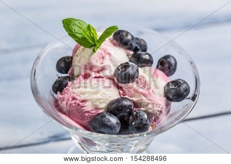 Closeup Of Bowl With Blueberry Ice Cream And Leaf Mint