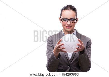 Woman holding crystall ball isolated on white