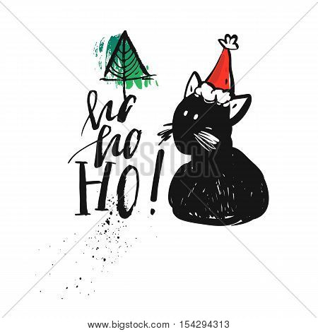 Hand drawn vector abstract Merry Christmas greeting card with calligraphy Hohoho.Handwritten modern brush lettering with graphic cute black cat character and Christmas tree.Christmas greeting card.