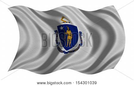 Flag of the US state of Massachusetts. American patriotic element USA banner. United States of America symbol. Massachusettsan official flag detailed fabric texture wavy isolated on white illustration