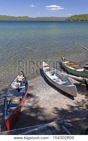Canoes on a Remote Lakeshore on Shoshone Lake in Yellowstone National Park in Wyoming