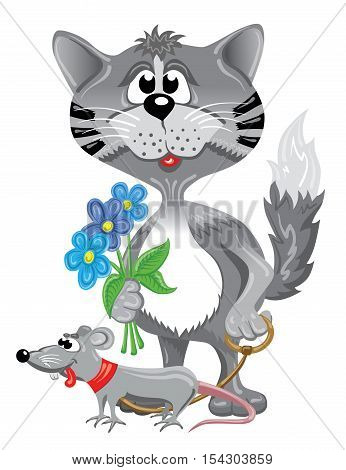 Funny gray cat lead cute rat and blue flowers