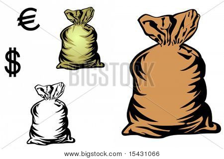 Versione vettoriale. Borsa di soldi in tre varianti con i simboli di valuta per il design. È anche la versione jpeg