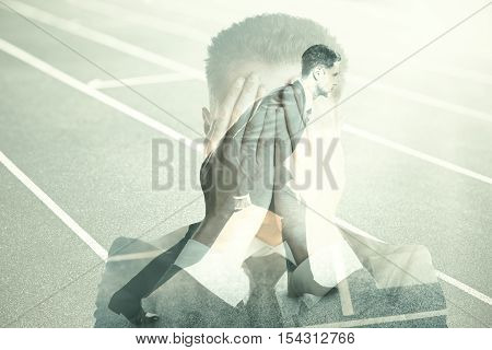 Businessmen covering face and getting ready to run on abstract running track background. Fear of failure concept. Double exposure