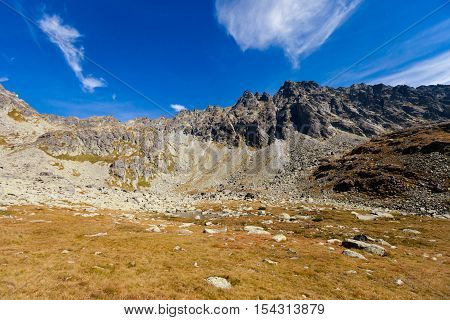 Beautiful Vysne Kozie pleso in Mlynicka dolina on the way to Bystre sedlo - in slovakian high Tatra mountains. Summer panorama with great weather and blue sky