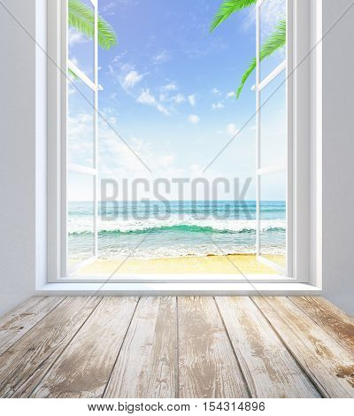 Empty wooden sill and window with beach view. 3D Rendering