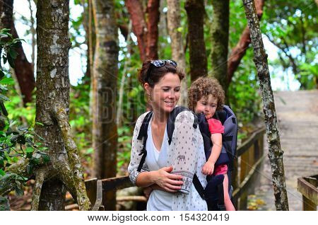 Mother and child travels in Daintree National Park in the tropical north of Queensland Australia