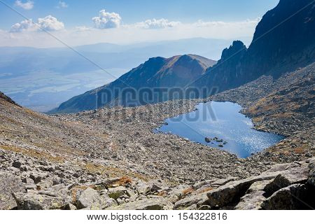 Beautiful Vysne Wahlenbergovo pleso in Furkotska dolina view from Bystre sedlo - in slovakian high Tatra mountains. Summer panorama with great weather and blue sky