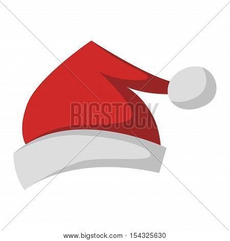 Just red christmas santa hat at white background. Cold x-mas symbol fluffy santa christmas hat. Winter white fluffy fur holiday santa christmas hat traditional snow fuzzy accessory.