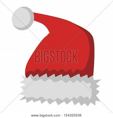 Just red christmas santa hat at white background. Cold x-mas symbol fluffy santa christmas hat. Winter white fluffy fur holiday santa christmas hat traditional snow fuzzy accessory.