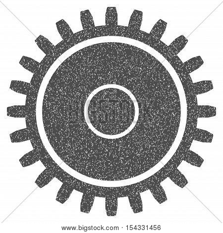 Cogwheel grainy textured icon for overlay watermark stamps. Flat symbol with dirty texture. Dotted vector gray ink rubber seal stamp with grunge design on a white background.