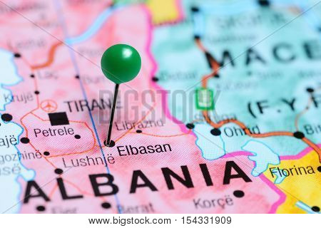 Elbasan pinned on a map of Albania