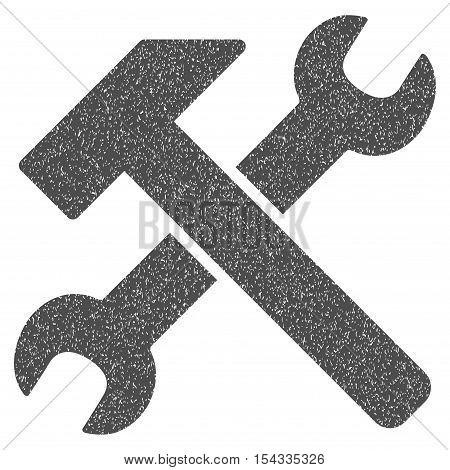Hammer and Wrench grainy textured icon for overlay watermark stamps. Flat symbol with dirty texture. Dotted vector gray ink rubber seal stamp with grunge design on a white background.