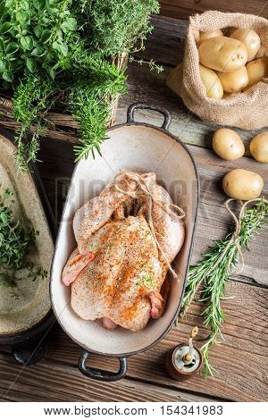 Preparing Chicken For Cooking With Spices And Vegetables