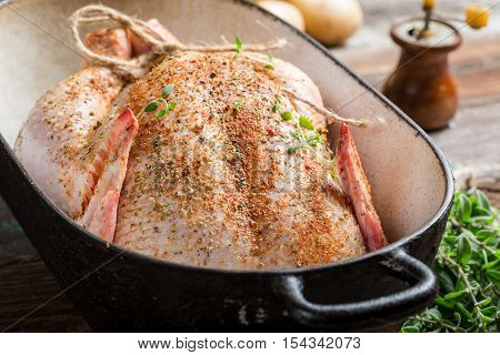 Closeup Of Spiced Raw Chicken Wirh Hebrs