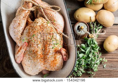 Closeup Of Spiced Chicken With Herbs In Casserole Dish