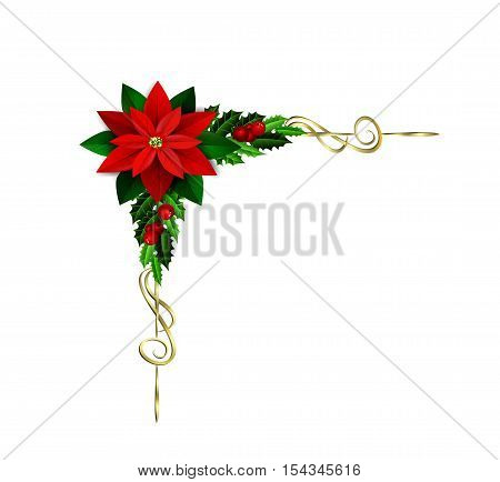 Christmas corner element decoration with evergreen treess holly and berries and poinsettia isolated