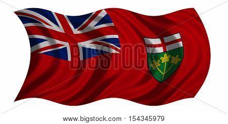 Ontarian provincial flag patriotic element and official symbol. Canada banner and background. Correct colors. Flag of the Canadian province of Ontario wavy on white fabric texture 3D illustration