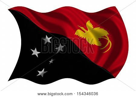 Papua New Guinean national official flag. Papuan patriotic symbol banner element background. Correct colors. Flag of Papua New Guinea wavy isolated on white detailed fabric texture 3D illustration