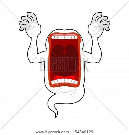 Scary Ghost Shouts. Horrible Wraith Frightening Screams. Phasing White Monster With An Open Mouth. W