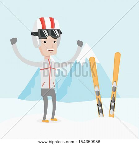 Ccaucasian sportsman standing with skis on the background of snowy mountains. Young man skiing. Cheerful skier resting in the mountains during sunny day. Vector flat design illustration. Square layout