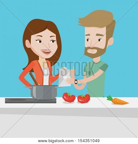 Young caucasian couple following recipe for healthy vegetable meal on digital tablet. Couple cooking healthy meal. Couple having fun cooking together. Vector flat design illustration. Square layout.