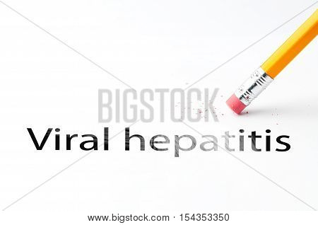 Closeup of pencil eraser and black viral hepatitis text. E coli bacteria. Viral hepatitis. Botkin's disease. Pencil with eraser.