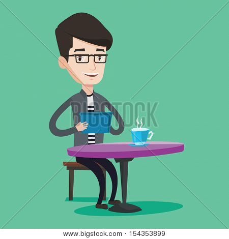Young man using a tablet computer in a cafe. Happy man surfing in the social network. Social network concept. Man rewriting in social network in a cafe. Vector flat design illustration. Square layout.