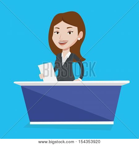 Television anchorwoman working at studio. Young caucasian television announcer at studio during live broadcasting. Tv newscaster reporting tv news. Vector flat design illustration. Square layout.