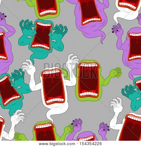 Terrible Howling Wraith Background. Ghost Seamless Pattern. Monster Scares Ornament. Spook With Open