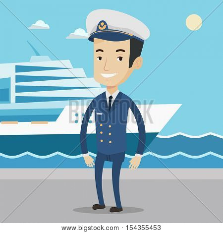 Caucasian captain on the background of sea and cruise ship. Smiling ship captain in uniform on seacoast background. Ship captain standing at the port. Vector flat design illustration. Square layout.