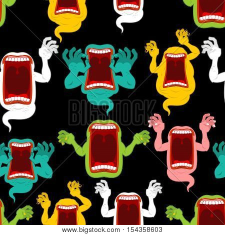 Ghost Seamless Pattern. Terrible Howling Wraith Background. Monster Scares Ornament. Spook With Open