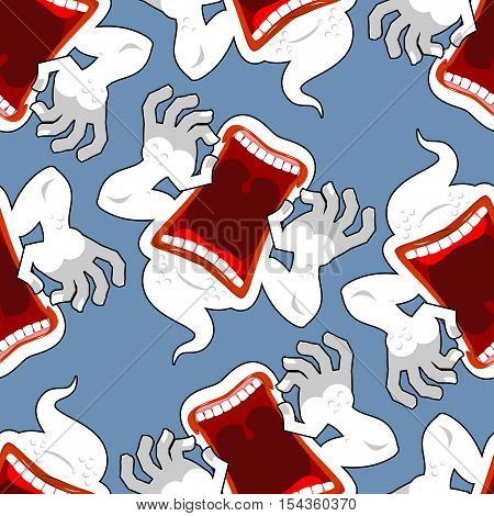Ghost Seamless Pattern. Terrible Howling Wraith Background. Monster Scares Ornament. Spook With Open
