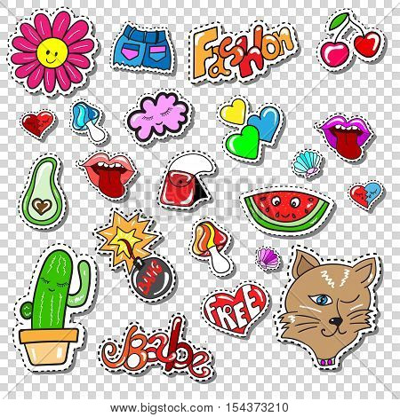 Big set of Girl Fashion Comics Style Patch Badges, Stickers kit, Funny Pins, Skech Cartoon Labels