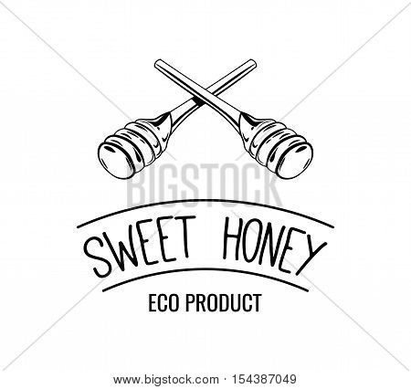 Wooden honey dipper, sketch style vector illustration isolated on white background. Sweet honey label, badge. Vector