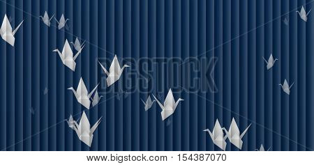 abstract background of blue origami paper cranes on the wavy texture in the form of blinds