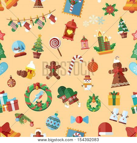 Stock Vector seamless pattern with Christmas accessories, design elements in a flat style on beige background for a Happy New Year 2017