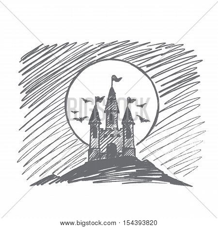 Vector hand drawn Halloween concept sketch. Halloween count Dracula castle on hill at night, flying bats and big full moon at background