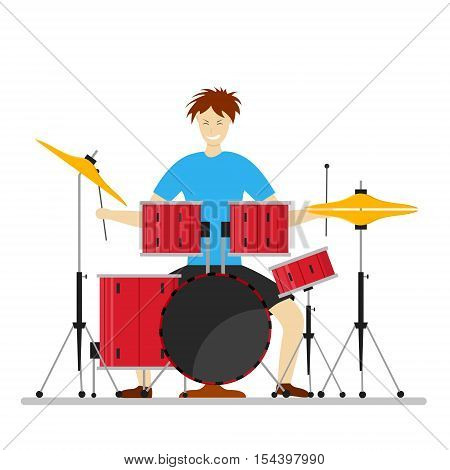 Drum Player Man for Concerts, Parties, Clubs. Flat Design Style. Vector illustration