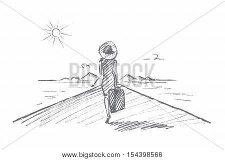 Vector hand drawn Travel time concept sketch. Beautiful slim woman in dress, hat and on high heels going towards mountains and the Sun, holding suitcase in hand