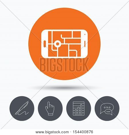 Gps street navigation icon. Smartphone device symbol. Pokemon egg concept. Speech bubbles. Pen, hand click and chart. Orange circle button with icon. Vector