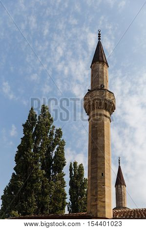 Historical tall tower in Khans palace, Bakhchisarai. Crimea. monument of history, Culture and architecture