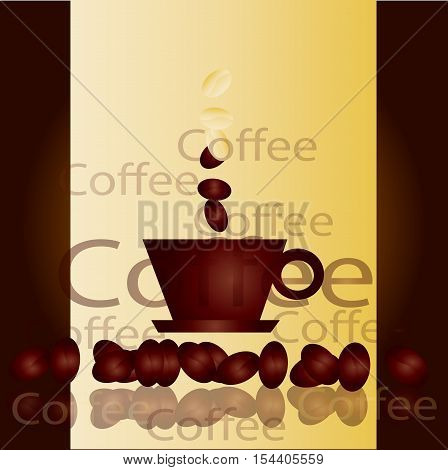 Coffee cup on seamless background with coffee beans. Vector illustration.