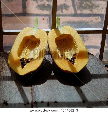 Papaya On Wooden Background, Tropical Fruit